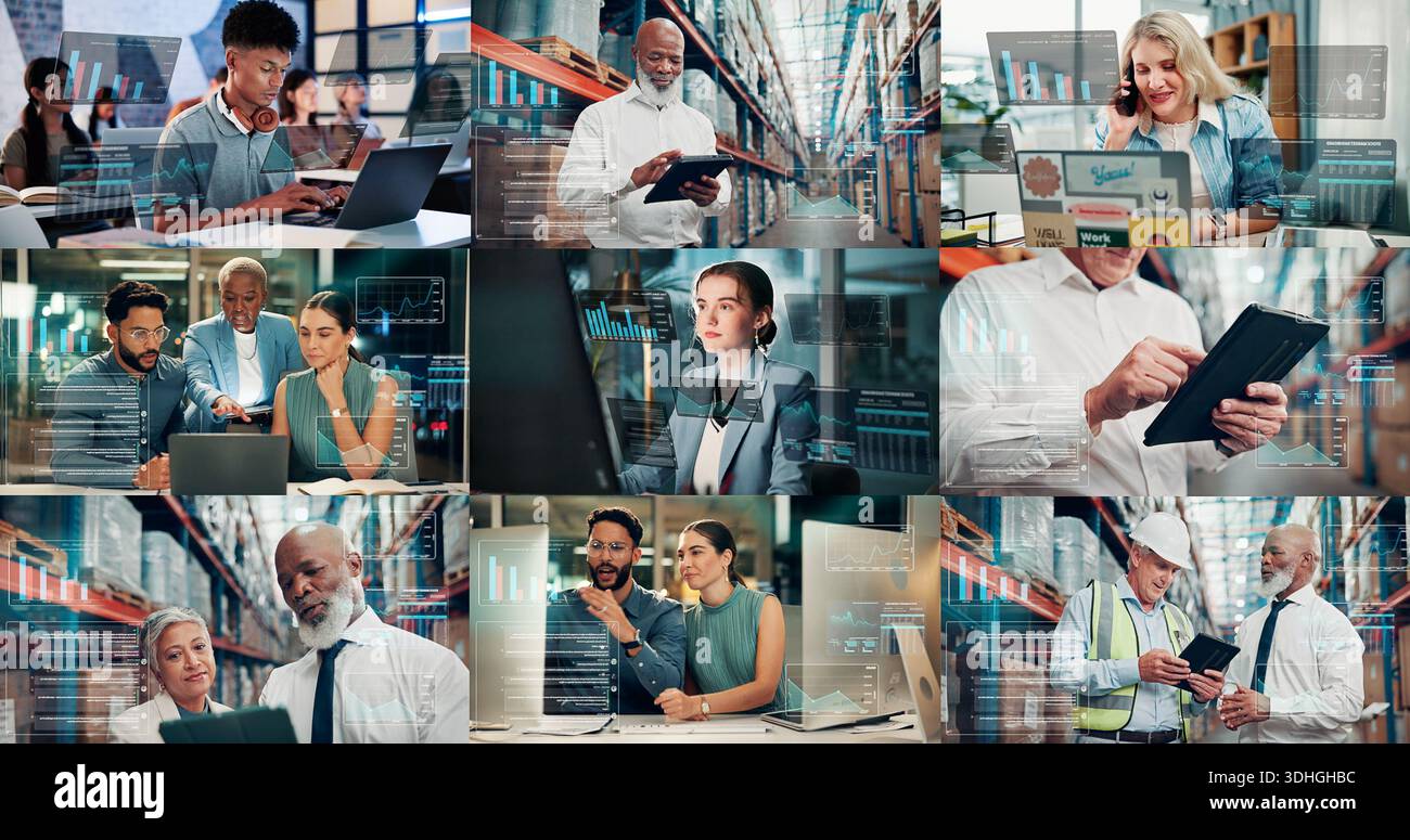 People, collage and graphs with tech for logistics, phone call and ...