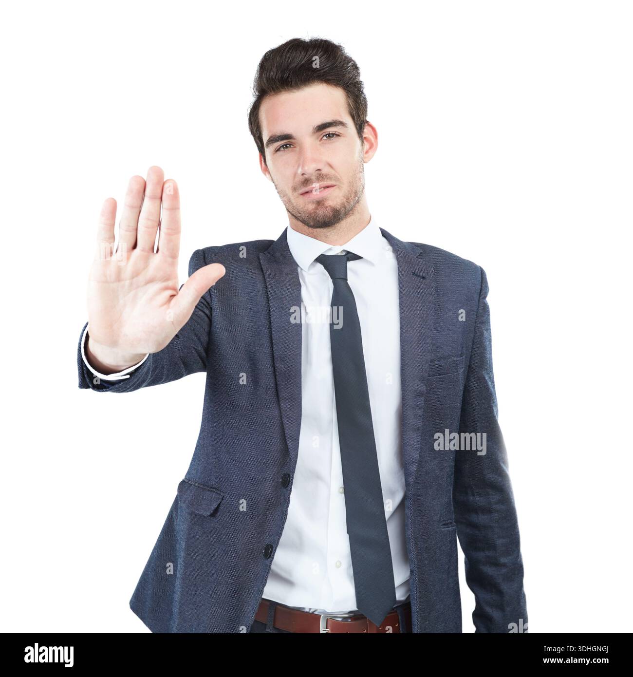 Portrait, businessman and hand gesture in studio with stop symbol ...