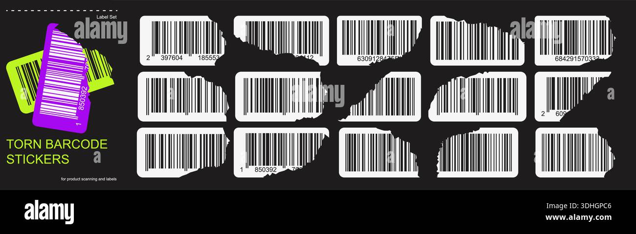 Torn barcode stickers set with ripped paper edges on dark background ...