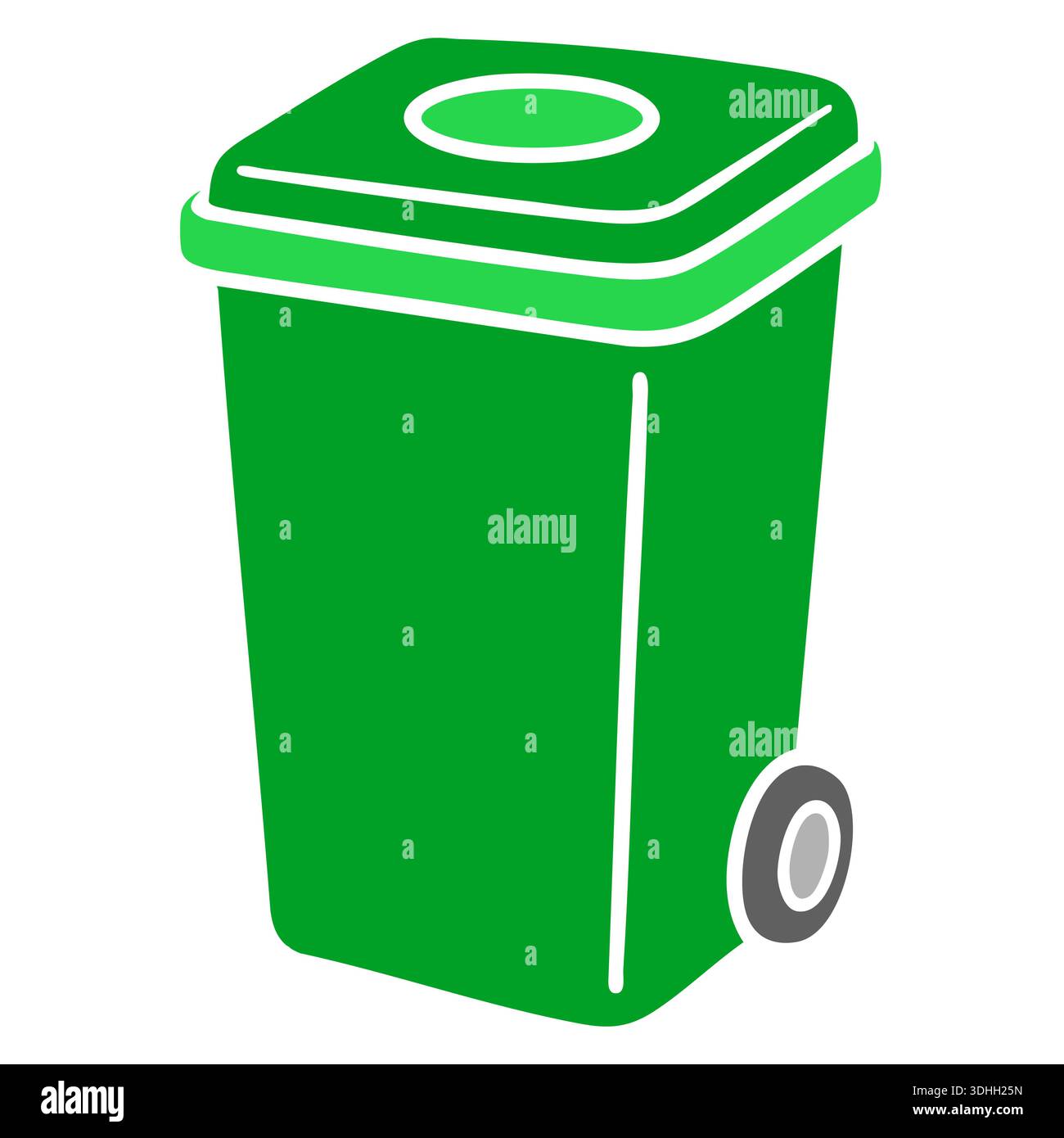 Bright green trash bin on wheels in urban setting Stock Vector