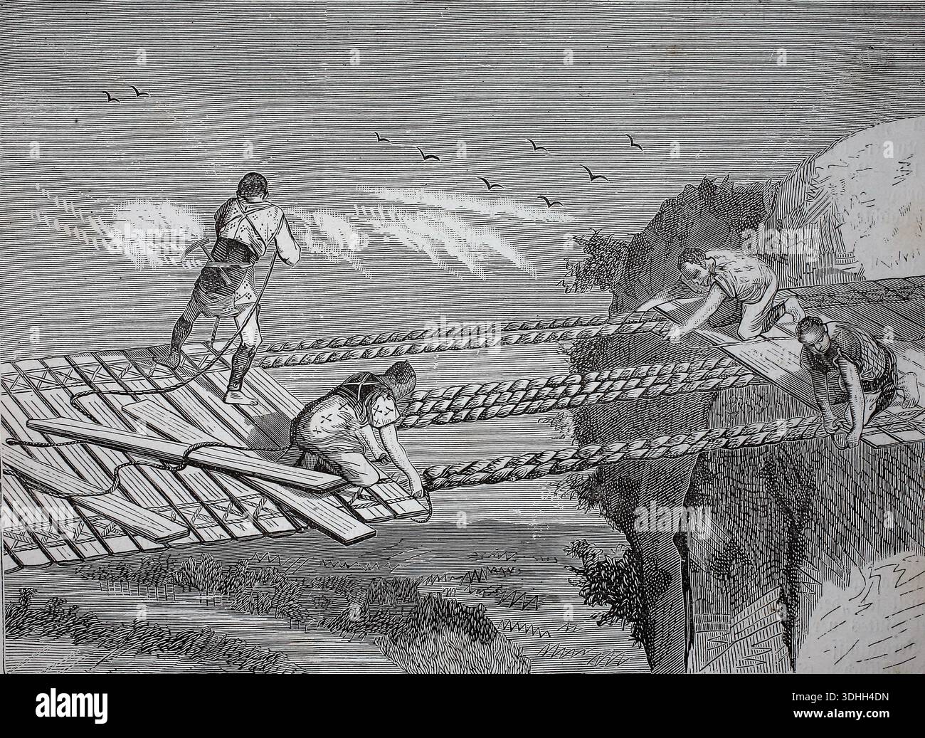 A rope bridge, suspension bridge, whose walkway follows the sagging ...