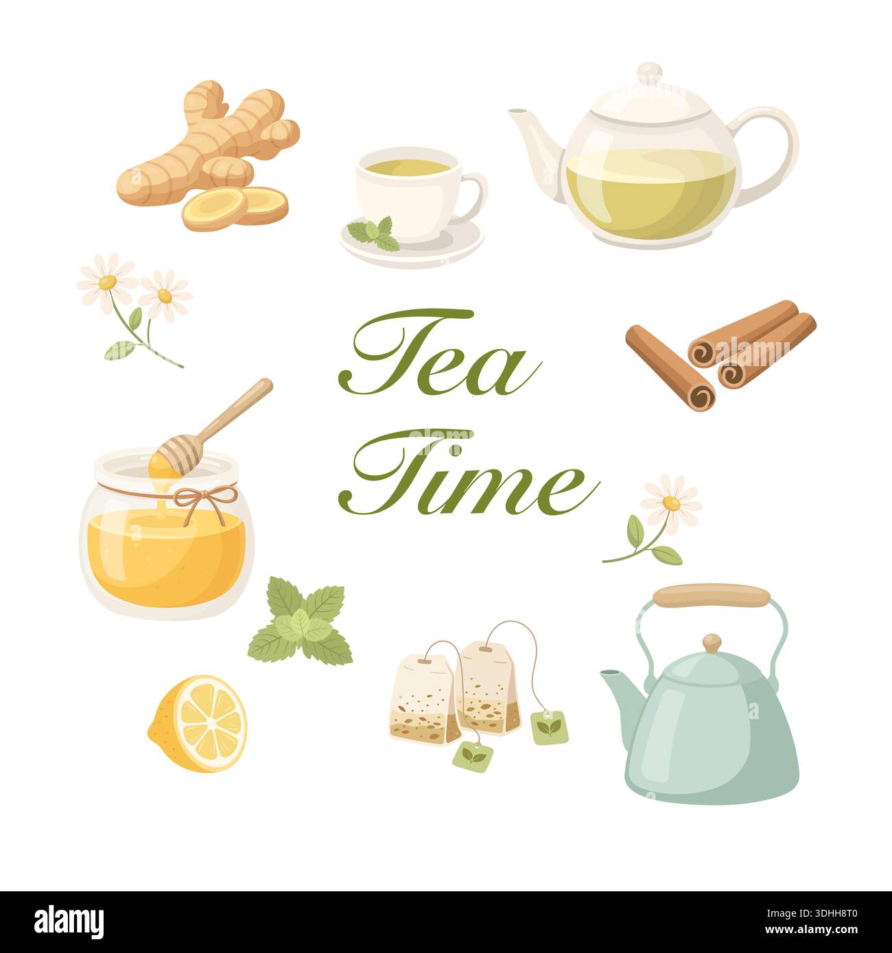 Tea Time Herbal Drink Elements Set Stock Vector