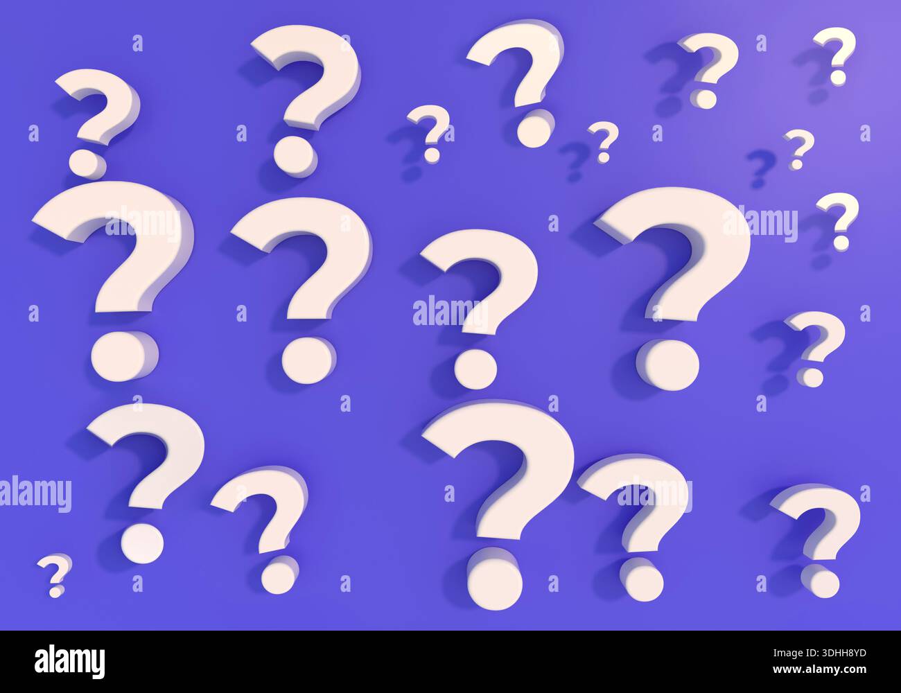 Multiple white 3d question marks scattered on a purple background, symbolizing problems, unknown answers, and decisions Stock Photo