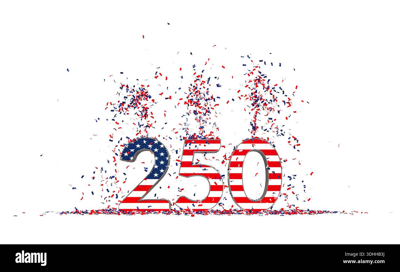 Text 250 in the colors of the USA to celebrate 250 years of 