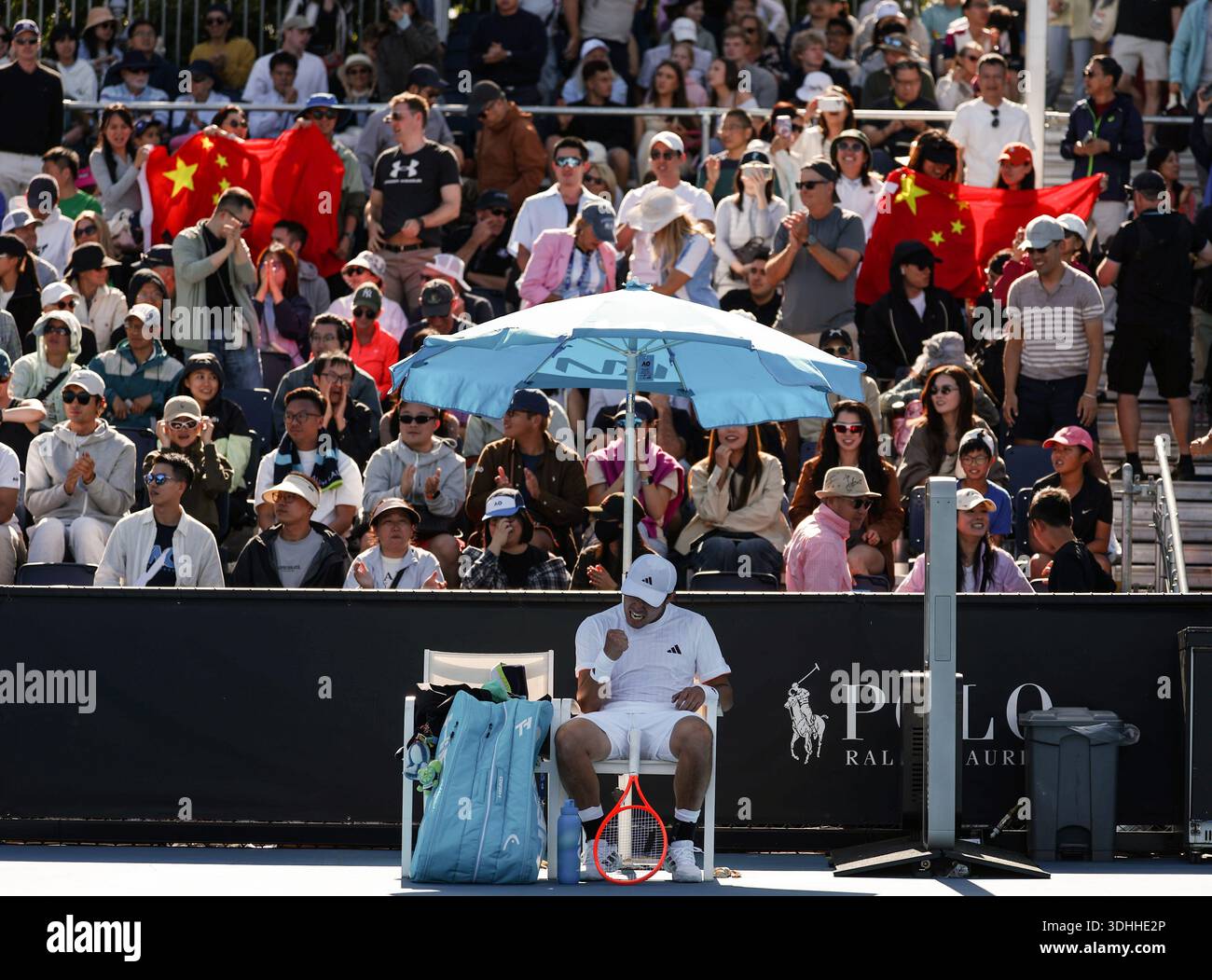 Melbourne, Australia. 22nd Jan, 2026. Wu Yibing celebrates during the men's singles 2nd round match between Wu Yibing of China and Eliot Spizzirri of the United States at the Australian Open tennis tournament in Melbourne, Australia, Jan. 22, 2026. Credit: Ma Ping/Xinhua/Alamy Live News Stock Photo