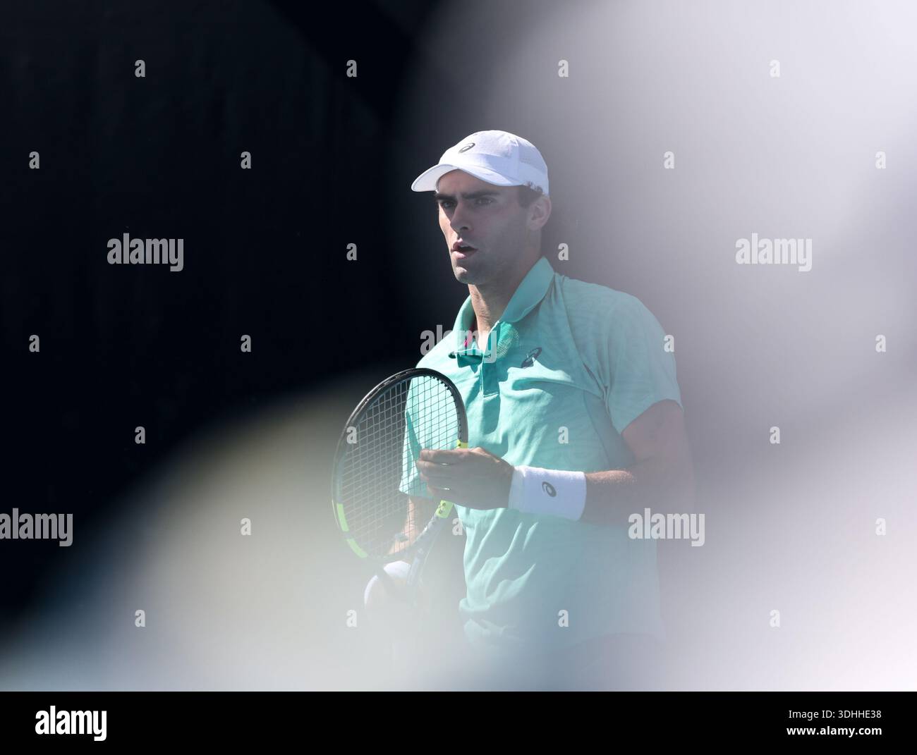 Melbourne, Australia. 22nd Jan, 2026. Eliot Spizzirri reacts during the men's singles 2nd round match between Wu Yibing of China and Eliot Spizzirri of the United States at the Australian Open tennis tournament in Melbourne, Australia, Jan. 22, 2026. Credit: Ma Ping/Xinhua/Alamy Live News Stock Photo