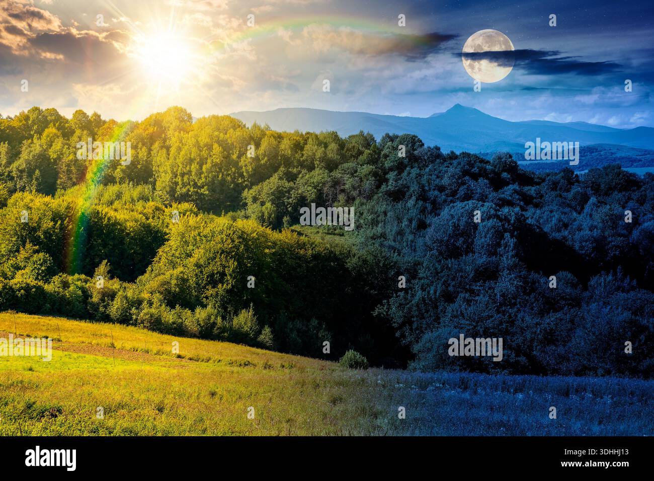 rural landscape in mountains. time change concept. grassy rolling hill and peak in early autumn with sun and moon. alpine countryside pasture. uncerta Stock Photo