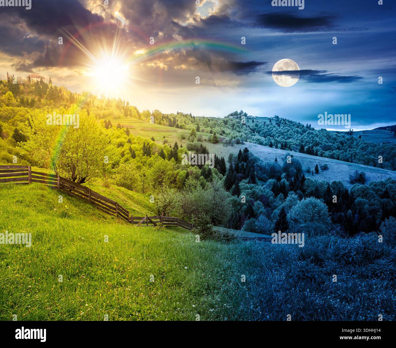 rolling hills of rural landscape in green grass. day and night time change concept. wooden fence in mountains with sun and moon. alpine countryside in Stock Photo