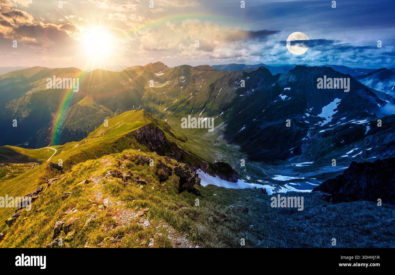 path through mountain ridge with snow on distant green hills. day and night time change concept. gorgeous panoramic view of highland scenery for recre Stock Photo