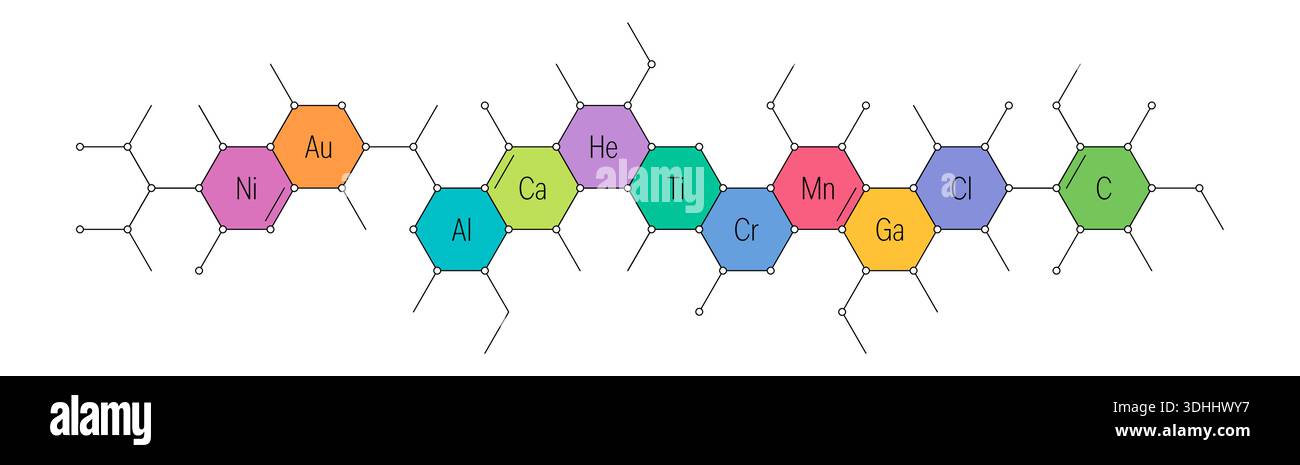 mixed element symbols and hexagonal interface. element symbols in colorful hexagonal interface. Stock Vector
