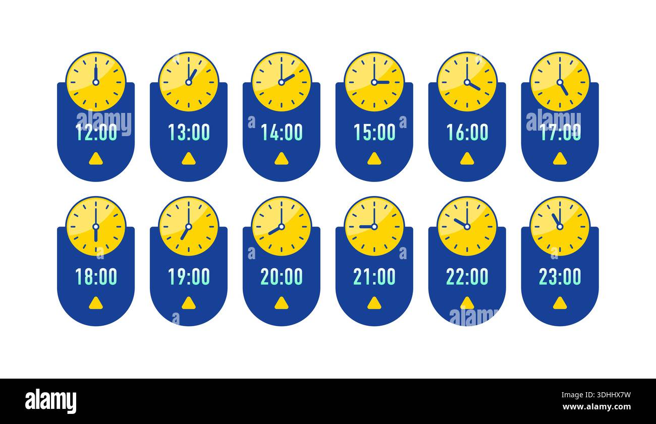 learning the time. twelve step clock interface. set of clock for education. analog clock group Stock Vector