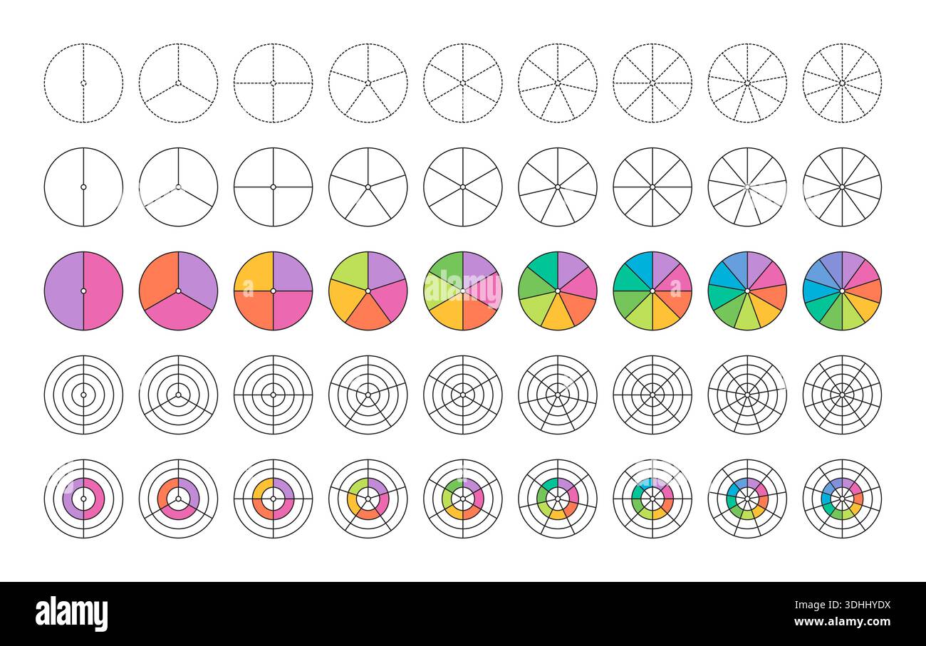 pie chart set. 2 to 10 segmented circles. segmented colored circles. segmented circles set Stock Vector