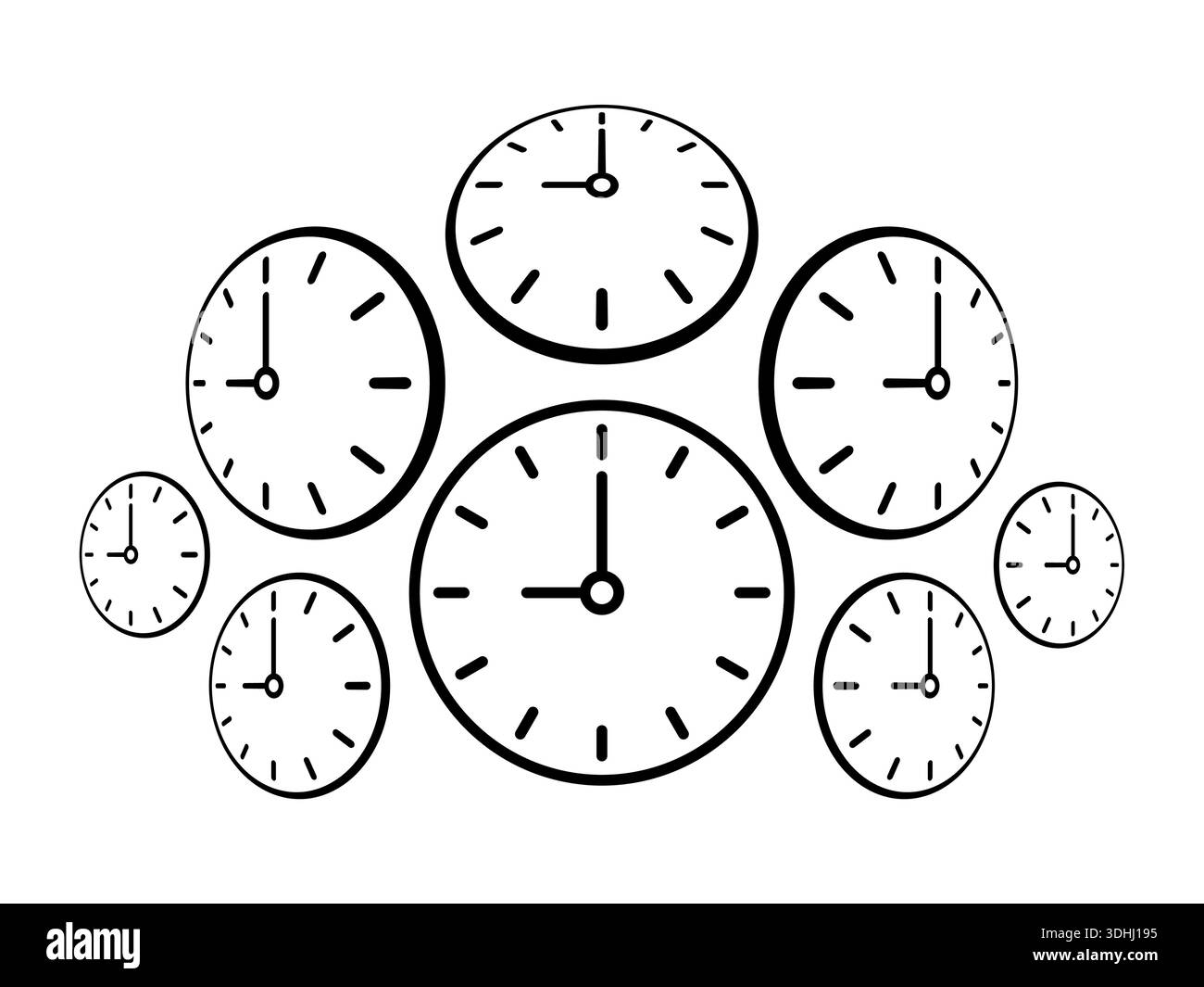 perspective analog clocks. eight wall clock faces. round analog clock Stock Vector