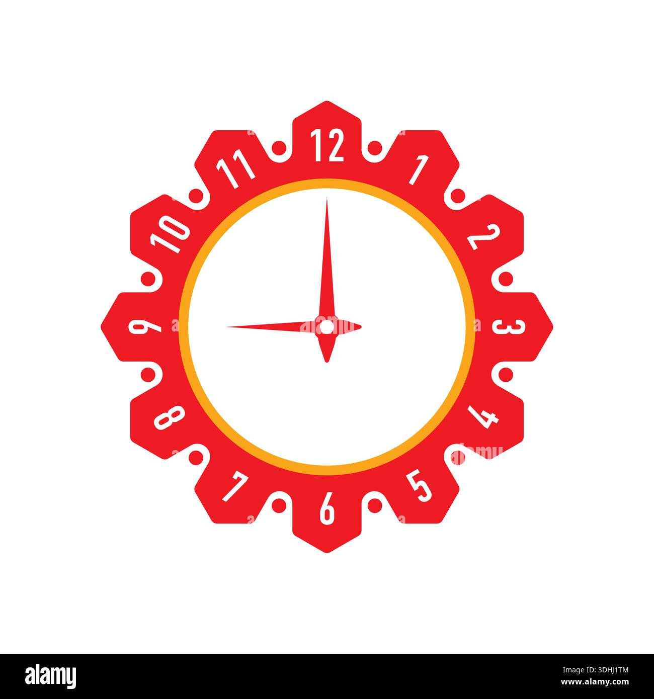 Red, angular, simple wall clock. analog clock concept on white background Stock Vector