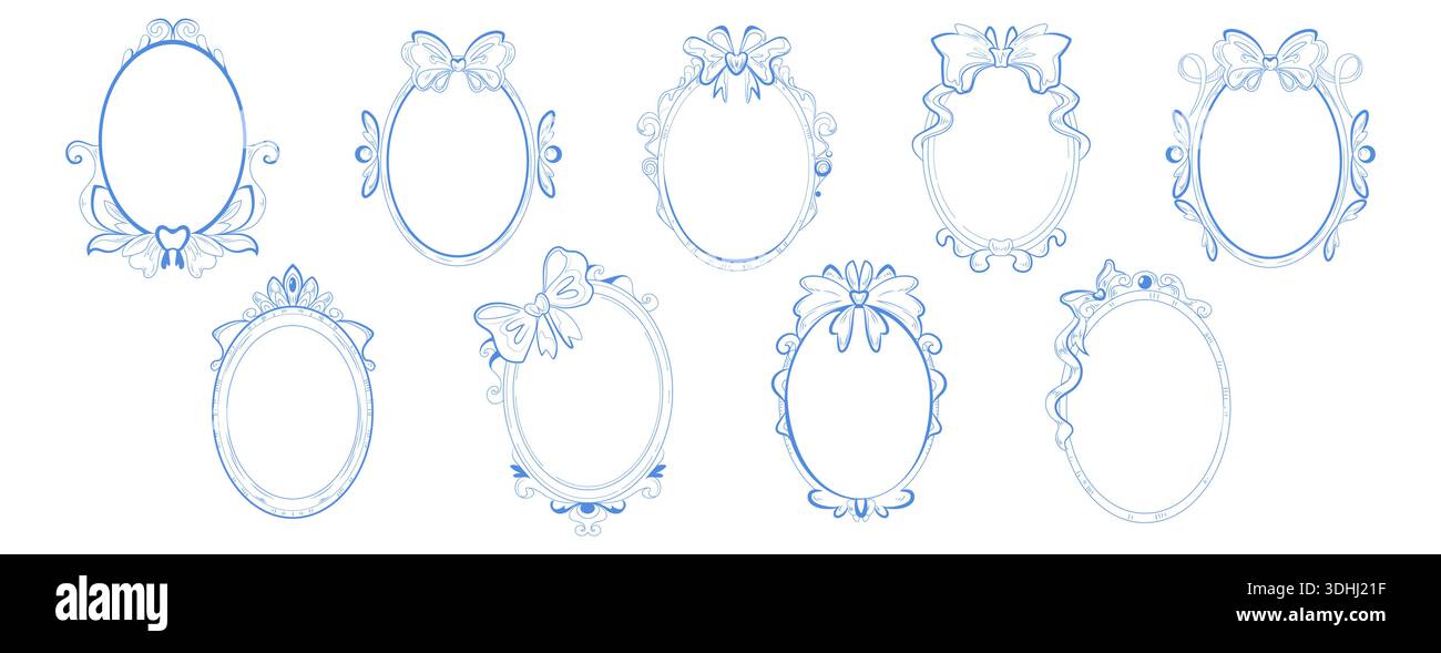 Vintage oval frames set with coquette ribbon bows isolated on white ...