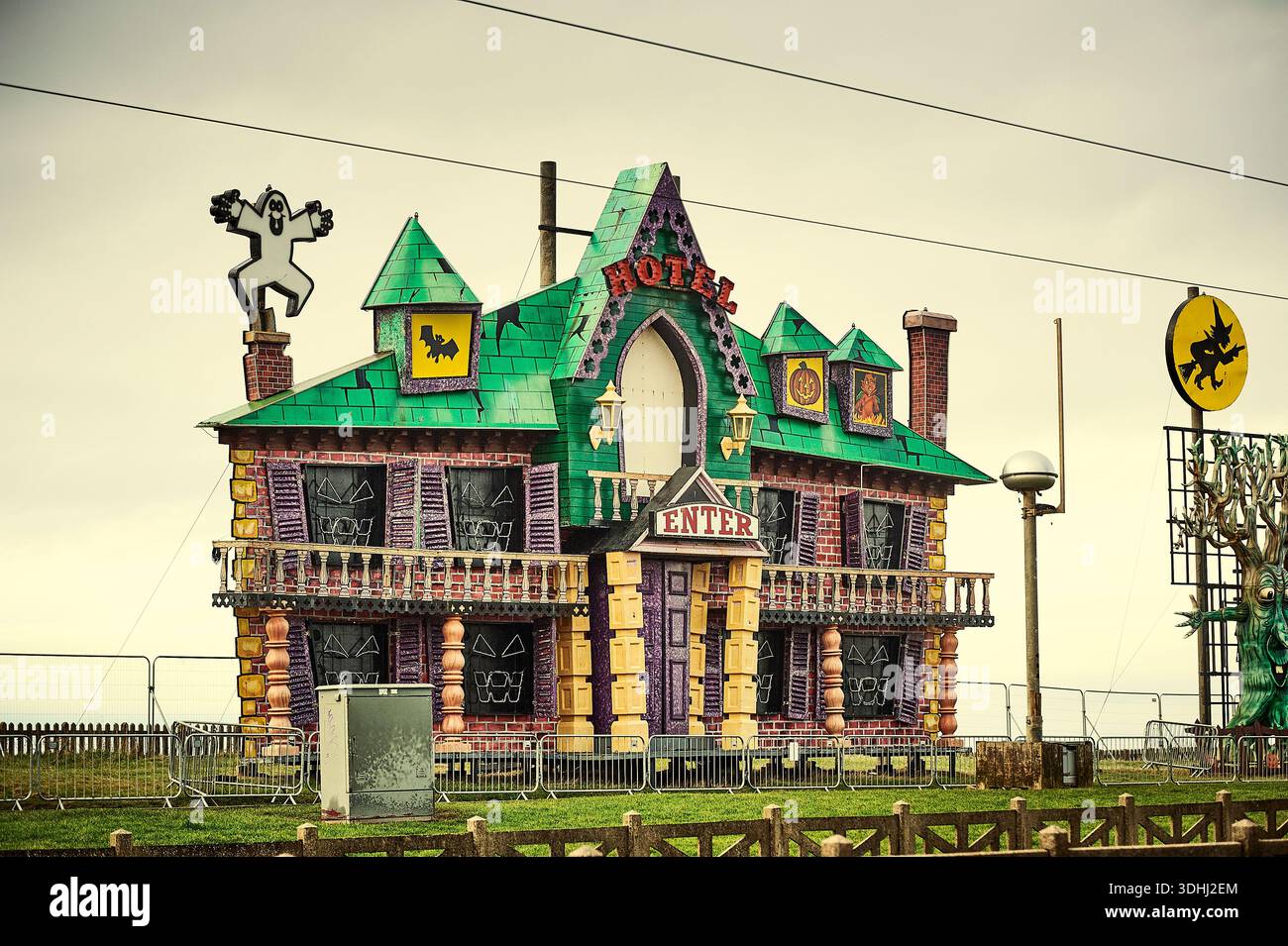 Blackpool illuminations  haunted hotel on the seafront in daytime at end of season Stock Photo