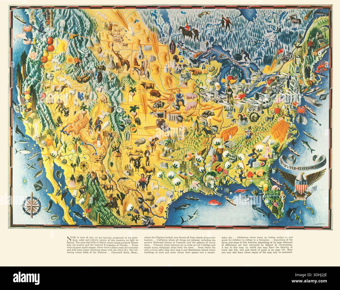 This vibrant pictorial map of the United States from 1943 illustrates ...