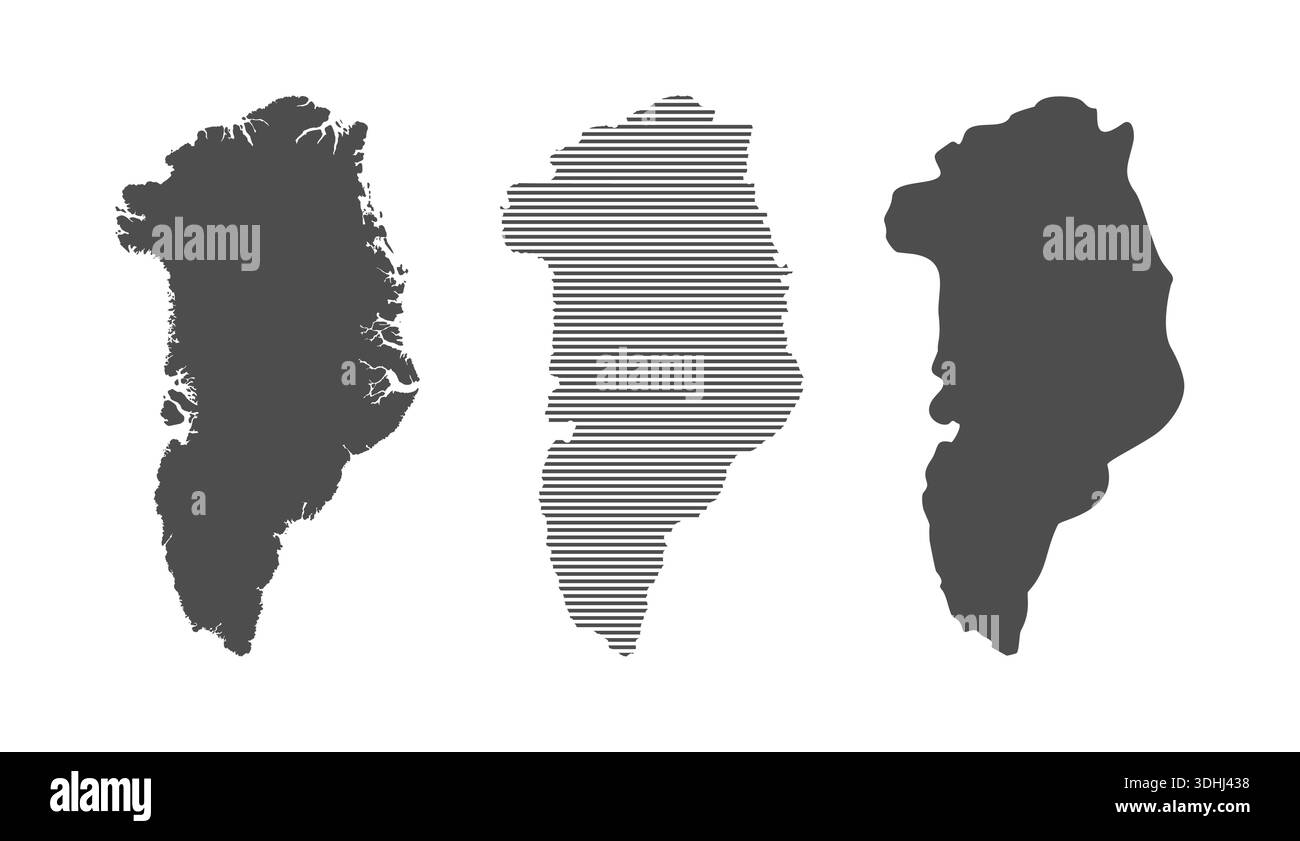 Set of Greenland maps. Detailed, striped and simplified maps on a white ...