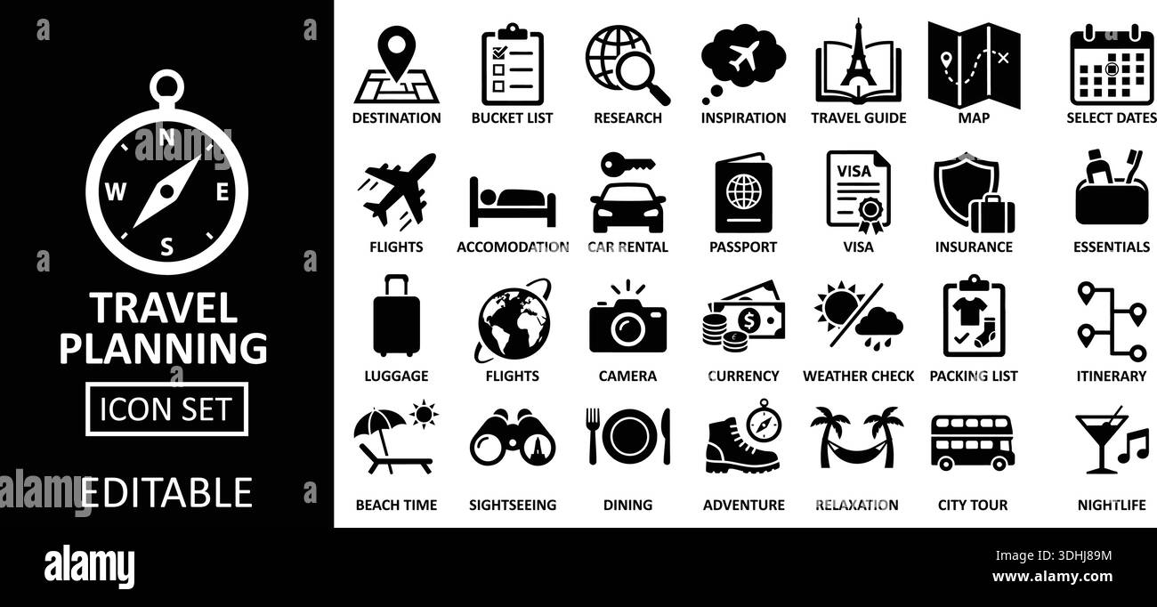 A detailed travel planning icon set featuring symbols for destinations, accommodations, and activities. Ideal for travel-related content or graphic de Stock Vector