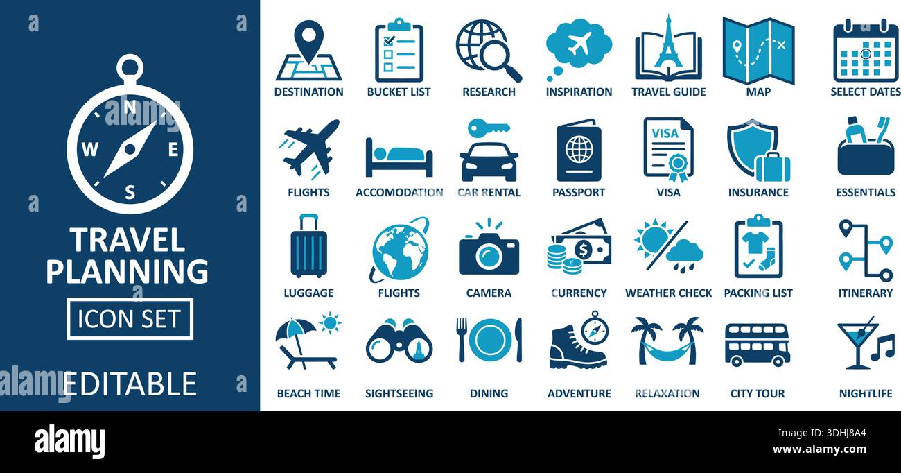 Icon set featuring travel-related symbols like flights, passports, and ...