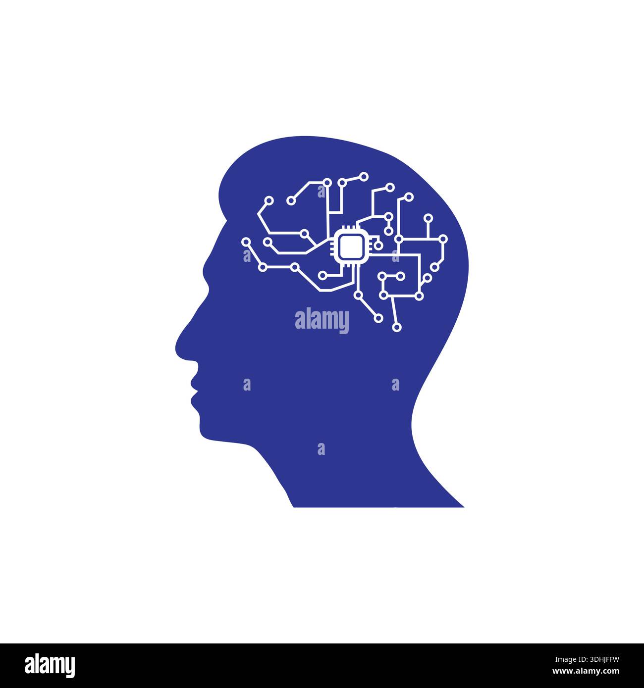 Minimal human head silhouette with electronic circuit elements representing artificial intelligence and digital technology. Stock Vector