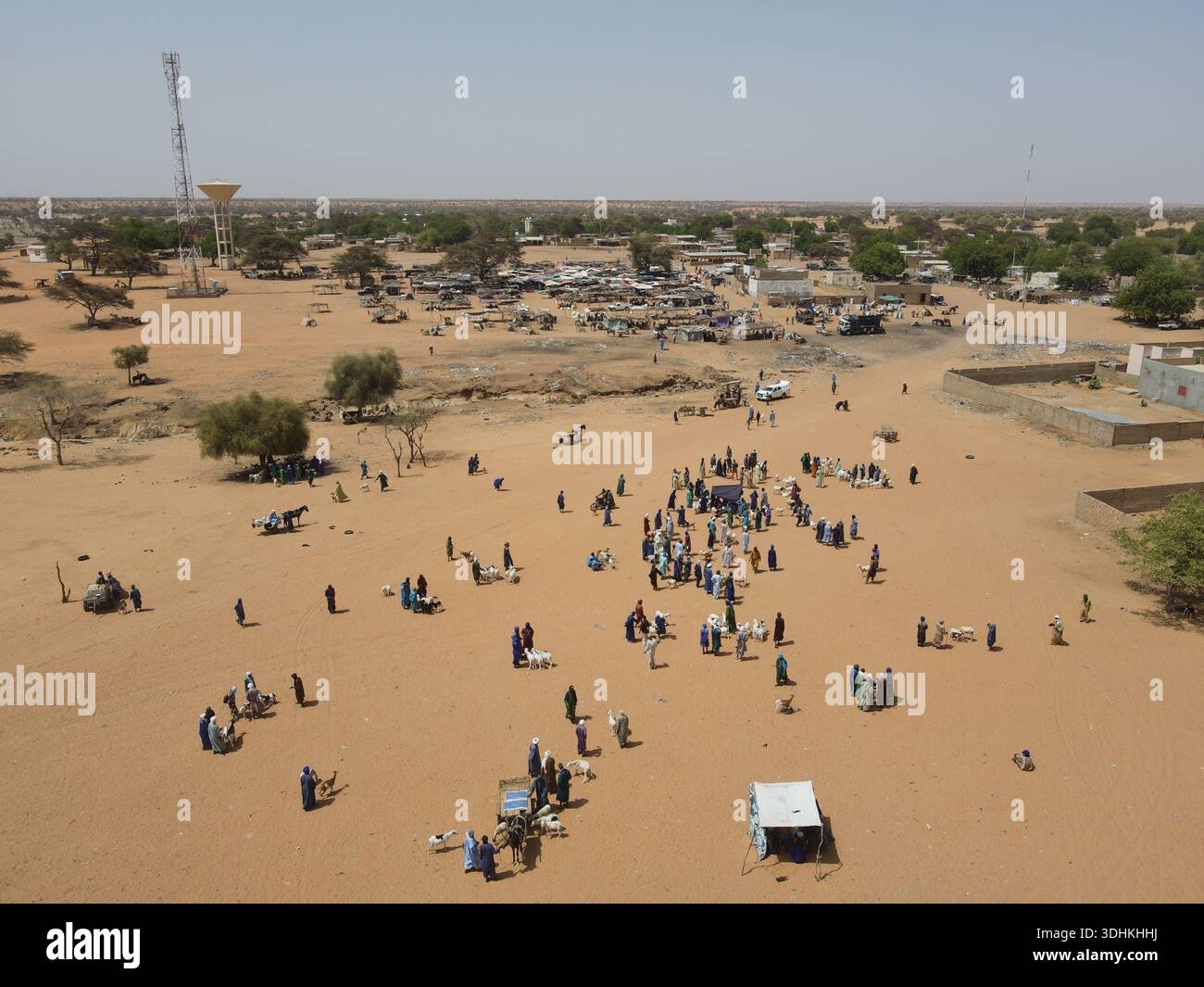 Aerial view of a bustling marketplace scene unfolds under the expansive ...