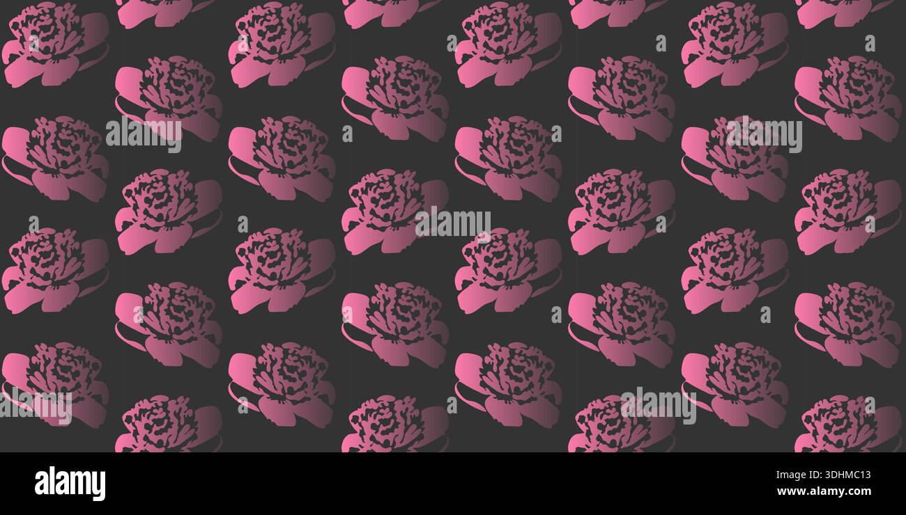 Seamless pattern with raspberry-pink gradient flowers and peonies on a black background Stock Vector
