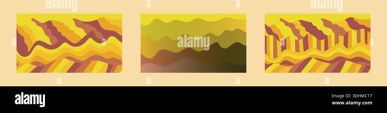Three mountain vector backgrounds. One gradient, two striped in yellow and orange tones. Stock Vector