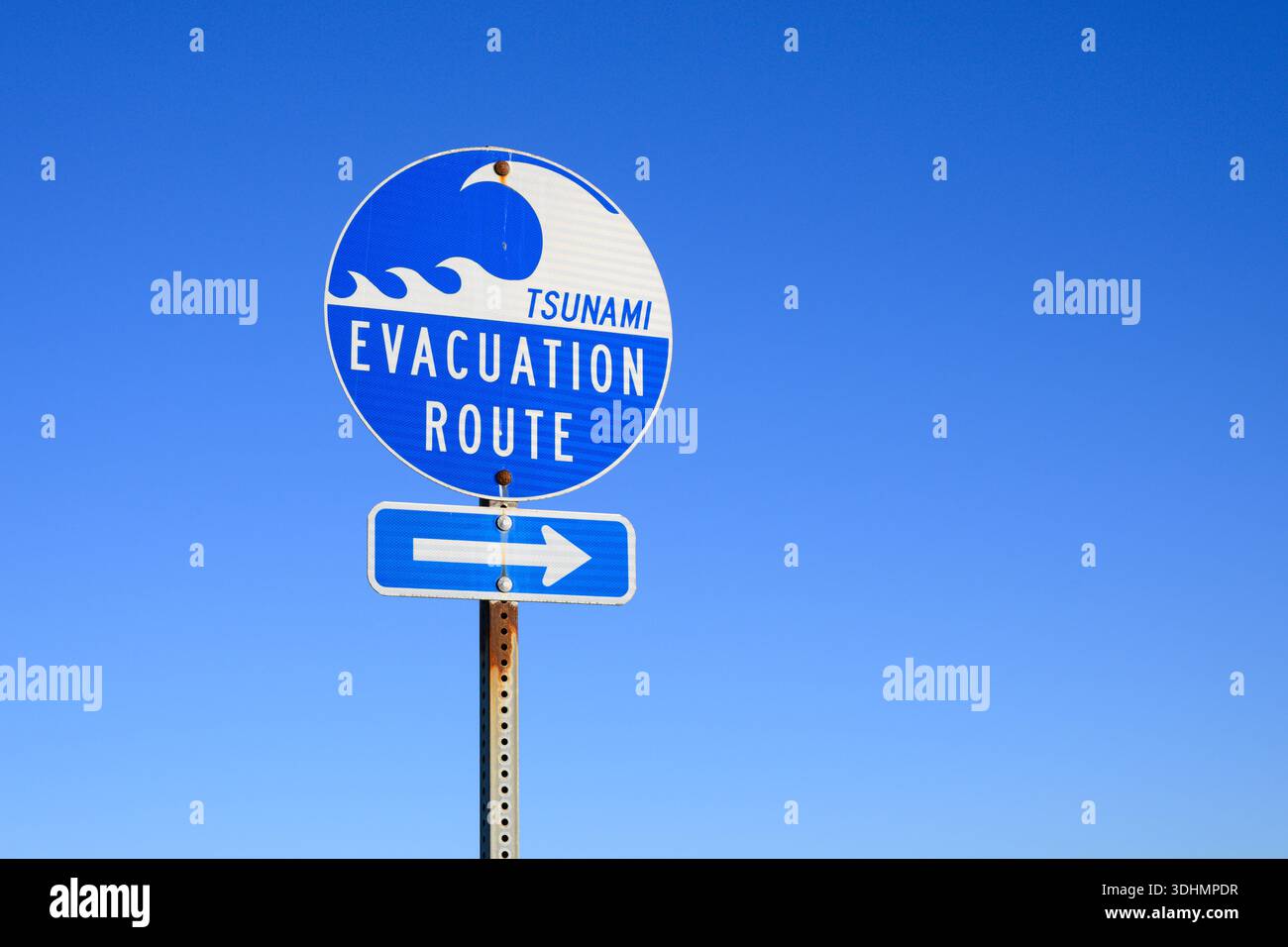 Bandon, OR, USA - January 16, 2026; Tsunami Evacuation Route sign with direction arrow isolated against blue sky Stock Photo