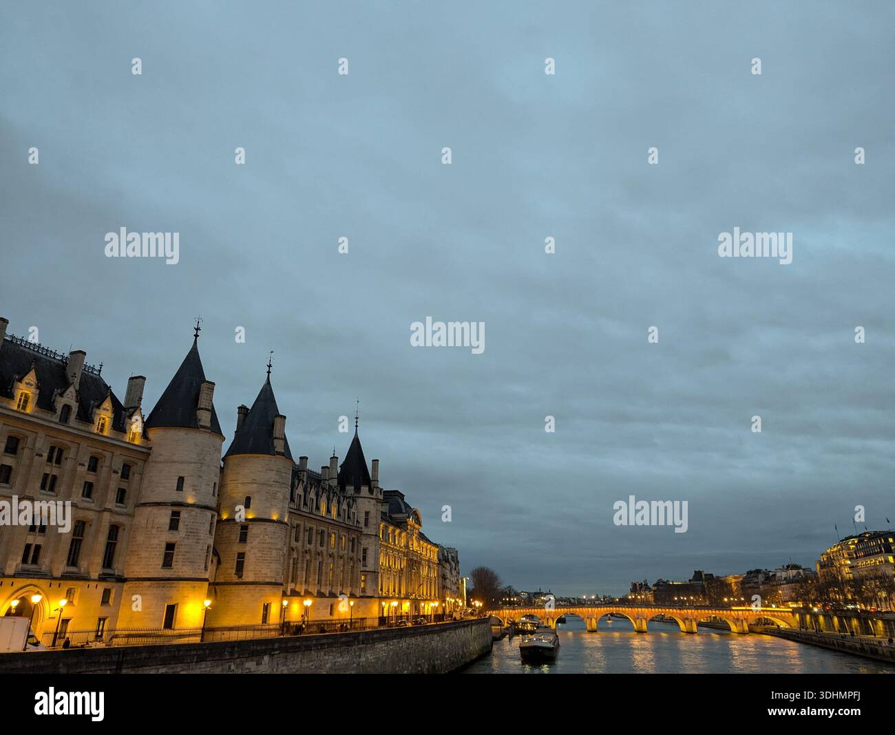 Sights and tastes of Paris. The Seine, The Conciergerie, and a bowl of French Onion Soup. - Smartphone Captured Stock Image