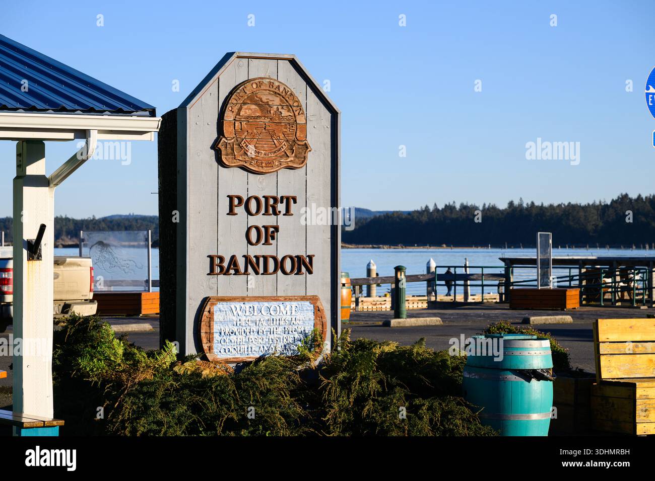 Bandon, OR, USA - January 16, 2026; Sign with shield at Port of Bandon on Oregon Coast Stock Photo