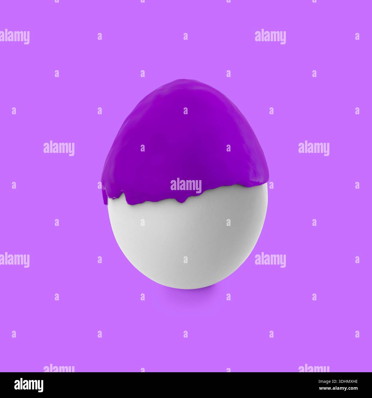 Paint dripping down egg on violet background. Easter celebration Stock Photo