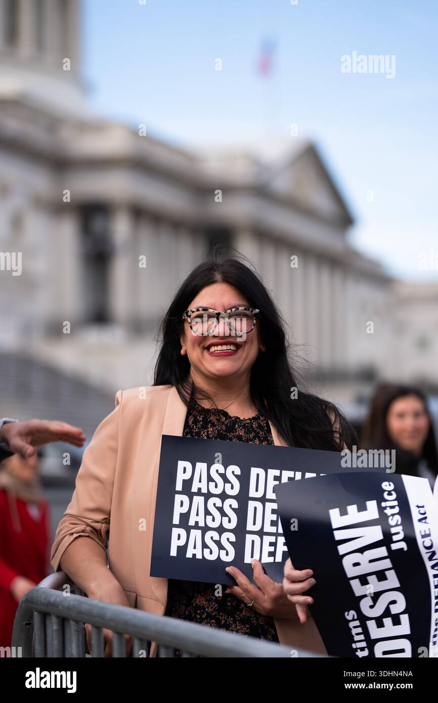 Rep. Rashida Tlaib, D-Mich., attends a news conference promoting the ...