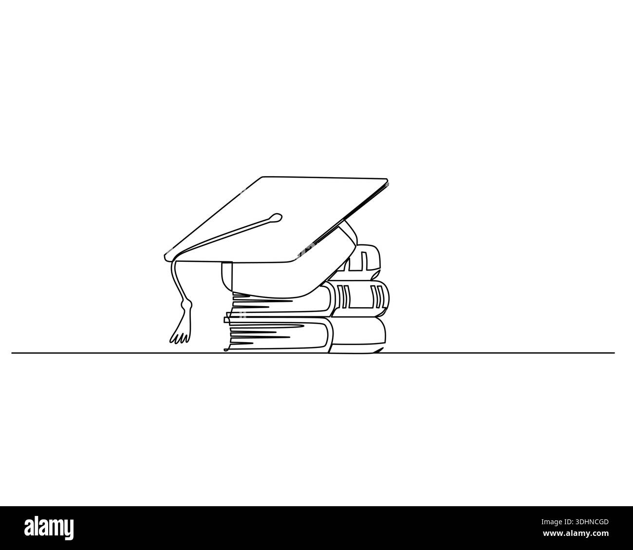 Continuous line art depicts a graduation cap perched on a pile of ...