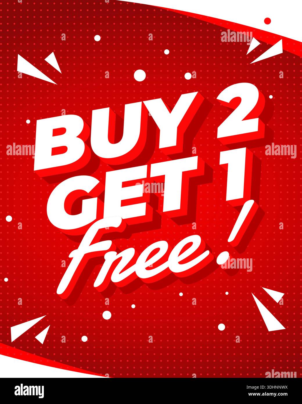 Red promotional banner with Buy 2 Get 1 Free text in bold white letters. - Stock Image