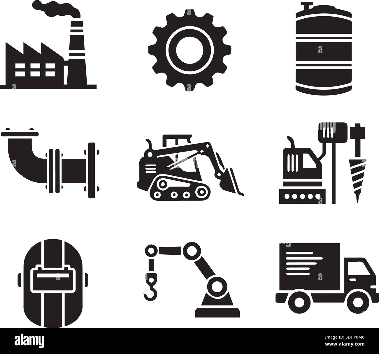 Versatile set of industrial icons: factory, gear, pipeline, excavator ...