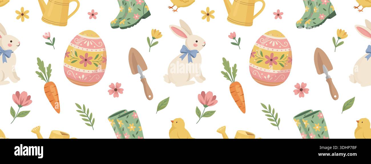 Cute Easter and Spring seamless pattern. Vector background with bunny, egg, chick and gardening tools Stock Vector