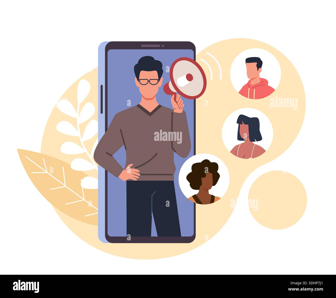 Referral program. Attracting new clients, network marketing, inviting friends, man hold megaphone, smartphone screen with avatar icons, social media Stock Vector