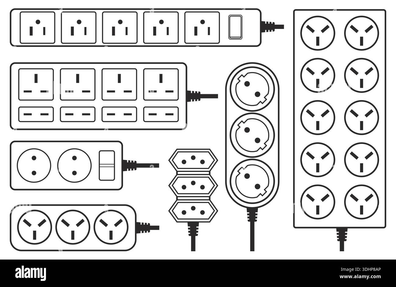 Power strips. Electric splitters and extenders, different global ...