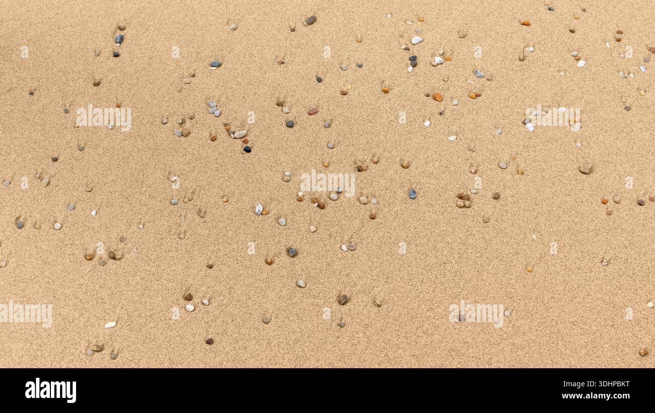 Full frame backdrop seen small colorful pebbles on sandy back Stock Photo