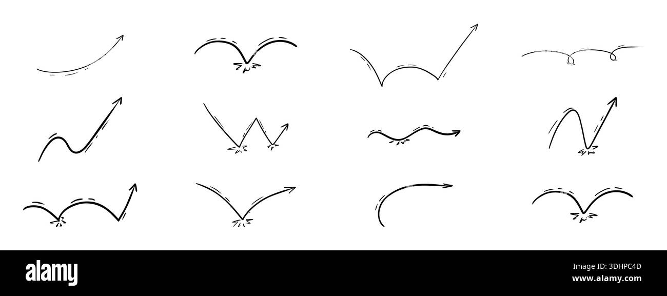 Bounce jump line, arrow. Squiggly comic trajectory movement. Set motion ...