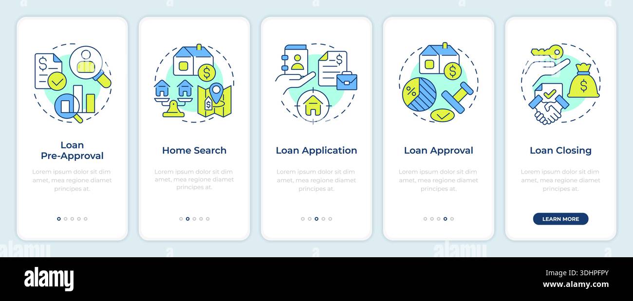 The mortgage process onboarding mobile app screen Stock Vector