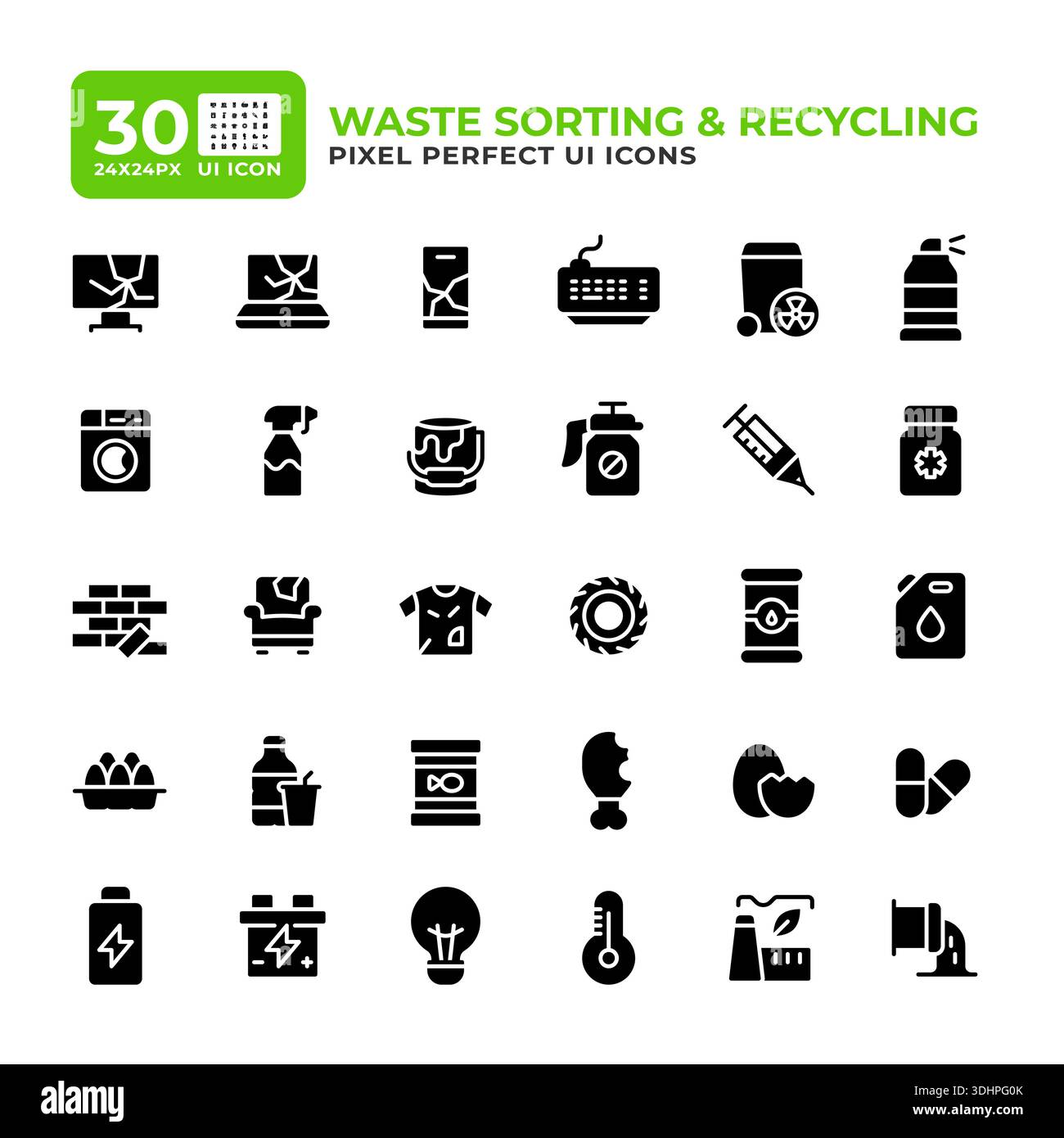 Waste management service glyph essential ui icon set Stock Vector