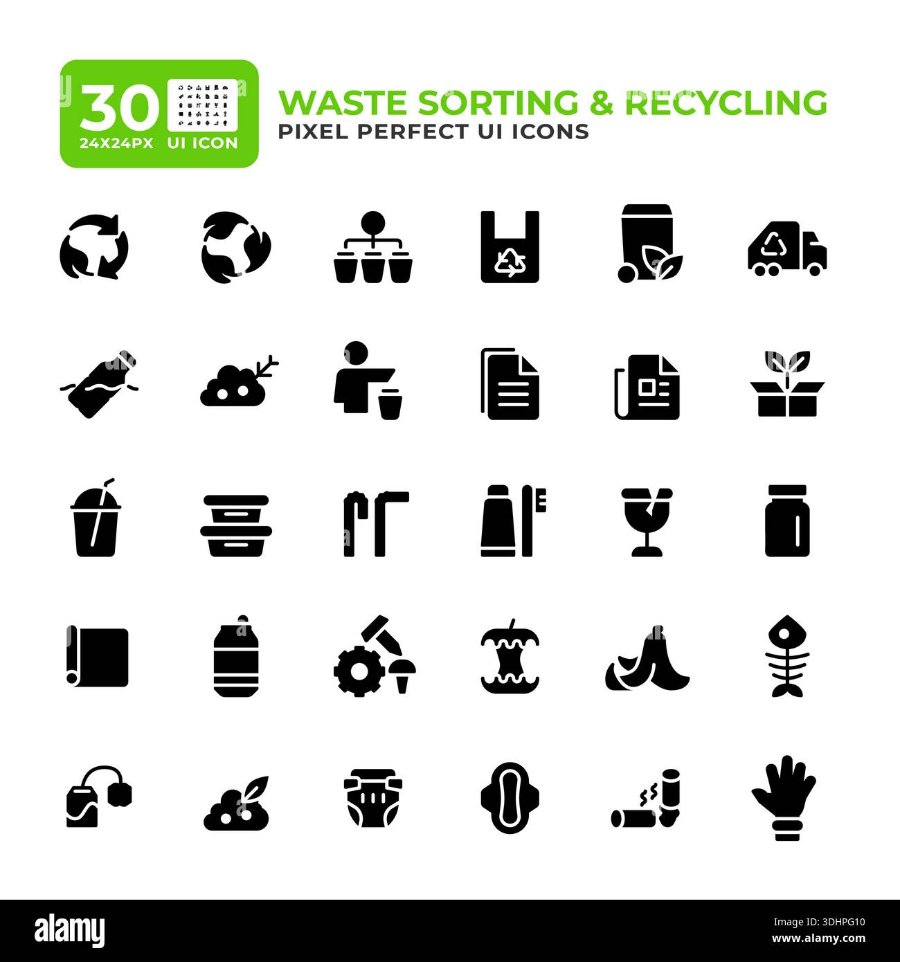 Waste recycling process glyph essential ui icon set Stock Vector