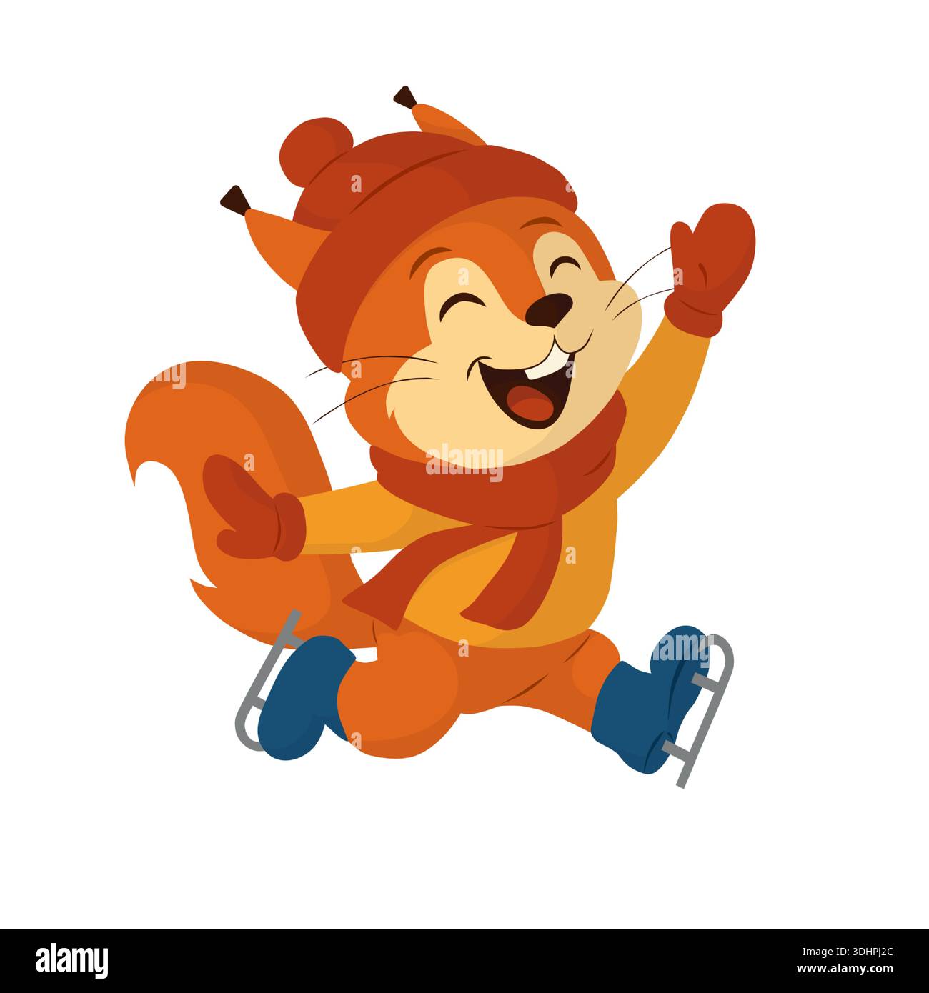 Happy squirrel ice skating and waving in flat cartoon style. Cute ...