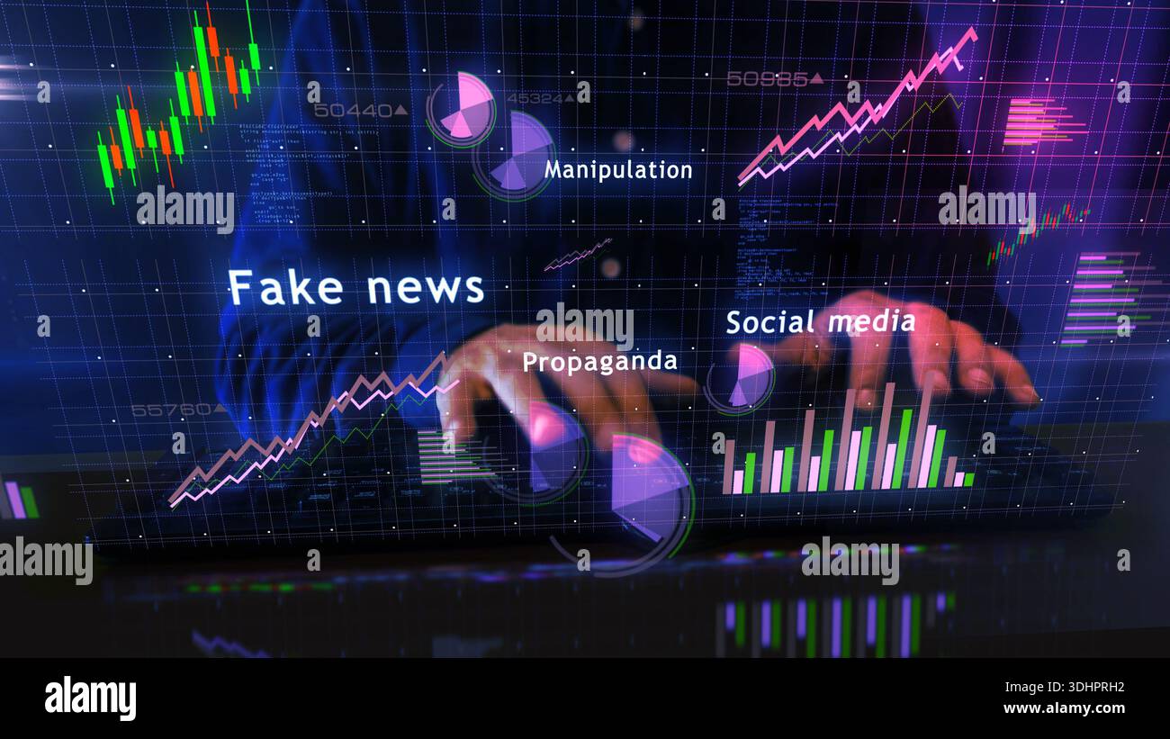 Fake news charts and graphs diagram with man typing computer keyboard ...