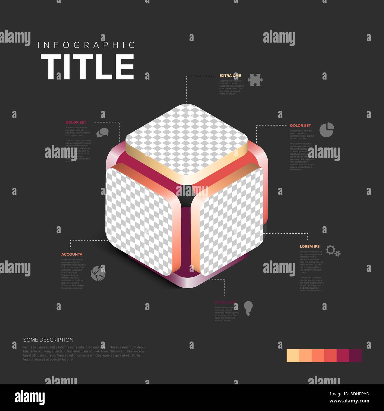 A professional isometric cube infographic template featuring 3D text boxes and charts. This cube infographic is perfect for data visualization and mod Stock Vector