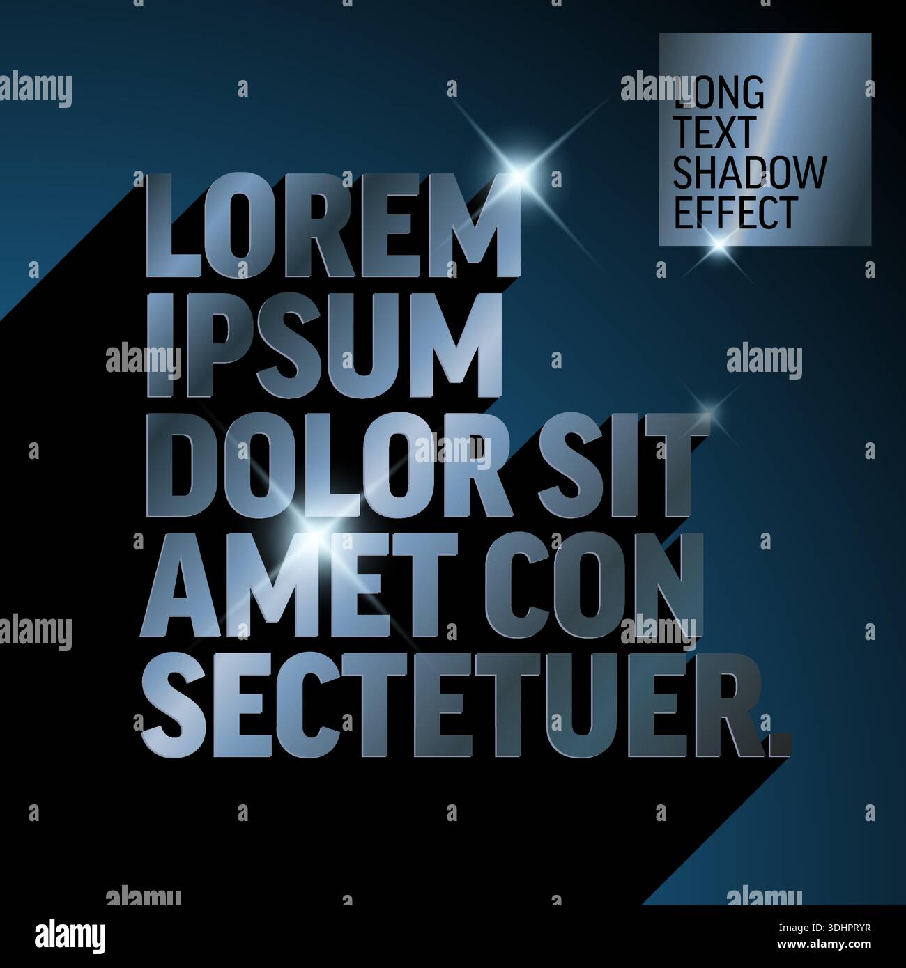 Bold 3D text features a dramatic long shadow effect on a gradient background. This metallic text with a long shadow effect includes bright lens flares Stock Vector