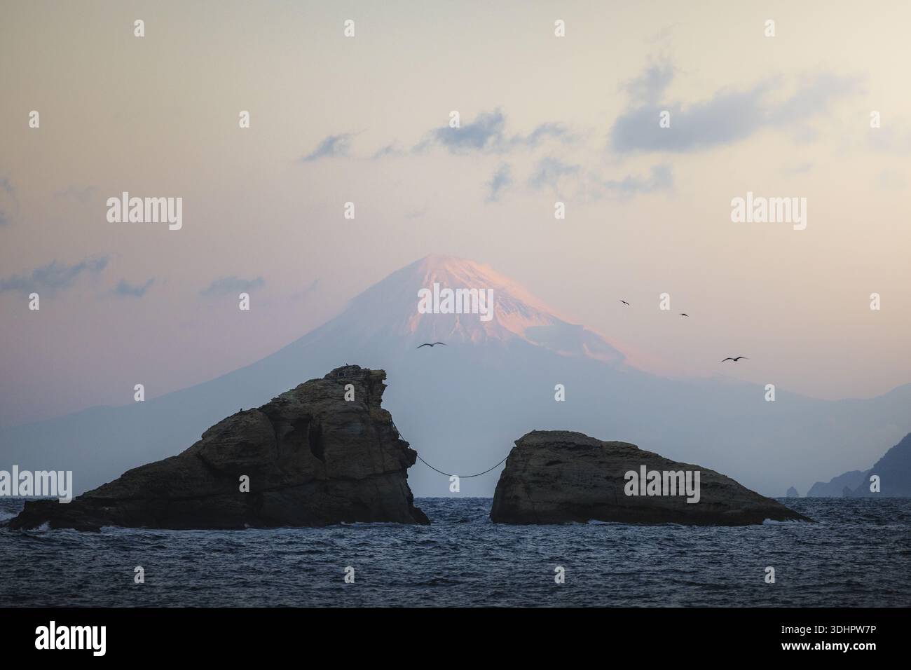 Mount Fuji Rocks View of rugged rocks embrace the turbulent sea under a pastel sky, with ...