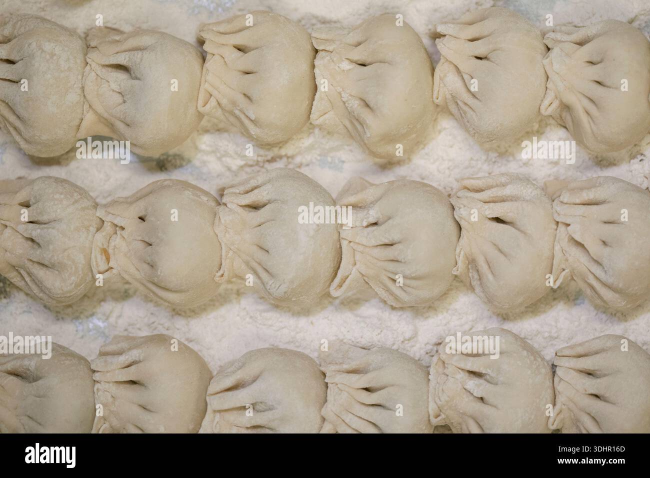 Rows of raw dumplings in flour ready to cook Stock Photo - Alamy